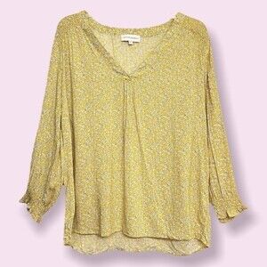 Cynthia Rowley Fall Leaves Patterned Blouse Yellow Long Sleeve V-Neck Womens XL